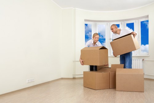 Business relocation planning with labels, boxes, and equipment