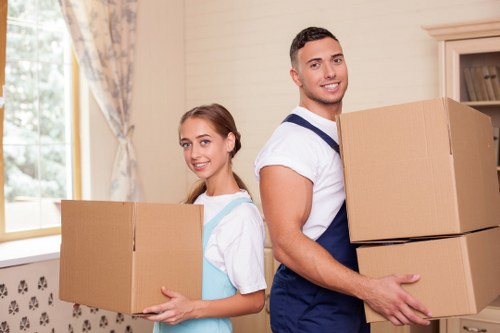 Packed office furniture and business equipment ready for transport